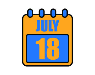 18 July calendar. July calendar icon in blue and orange. Vector Calendar Page Isolated on White Background.