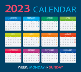 Template vector of color 2023 calendar - Monday to Sunday - obrazy, fototapety, plakaty