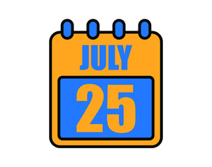 25 July calendar. July calendar icon in blue and orange. Vector Calendar Page Isolated on White Background.
