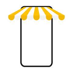 Smartphone mockup with store awning. Shop yellow stripe roof for market on mobile phone. Vector illustration isolated on white.