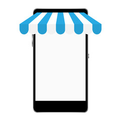 Smartphone mockup with store awning. Shop blue stripe roof for market on mobile phone. Vector illustration isolated on white.