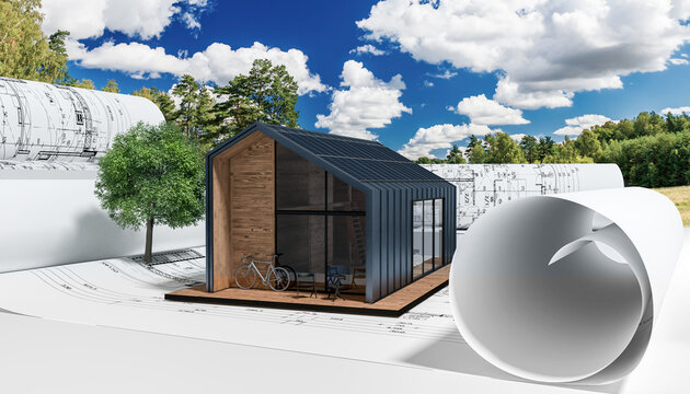 Modernes Einfamilien/Ferien-Haus mit Solarmodulen umd Landschaftshintergrund- 3D Visualisierung