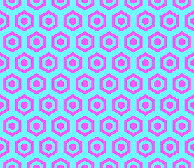 Abstract geometric seamless pattern in modern hipster style. Vector texture of trendy pink hexagons on a blue background. Illustration for your design.