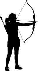 Isolated silhouette of a female archer aiming with a barebow