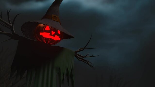 Creepy scarecrow with pumpkin head and witch hat on dark night background 3D 4K loop animation. Halloween scene with blinking candle light and copy space