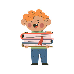 Cute schoolboy with books stack vector cartoon character isolated on a white background.