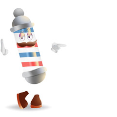 Barber pole character with mustache.He leans on the wall with his hand,with the other hand he points with his finger.Barbershop mascot.Stock vector illustration of cartoon barber pole.