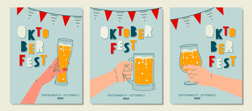 Hands holding glass of beer. Set of banners design templates for Oktoberfest. Colorful templates for poster, banner, magazine first page, leaflet, business flyer. Promotion concept cards.
