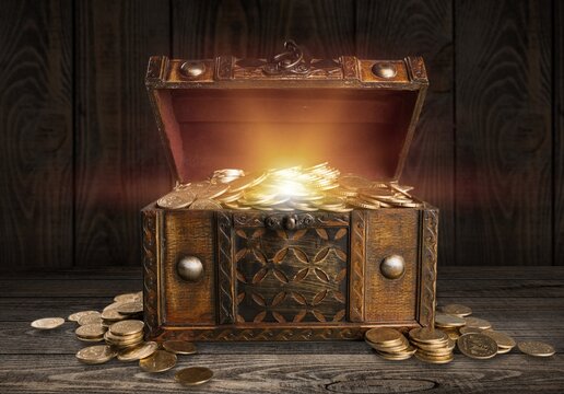 Open an ancient treasure chest in old background