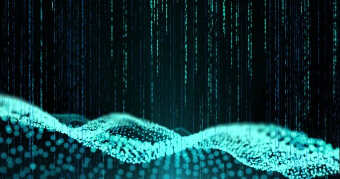 Animation of vertical lines of blue particles and undulating 3d landscape on black background