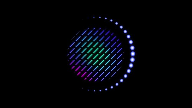 Animation of circle of colourful stripes and ring of glowing blue dots moving on black background