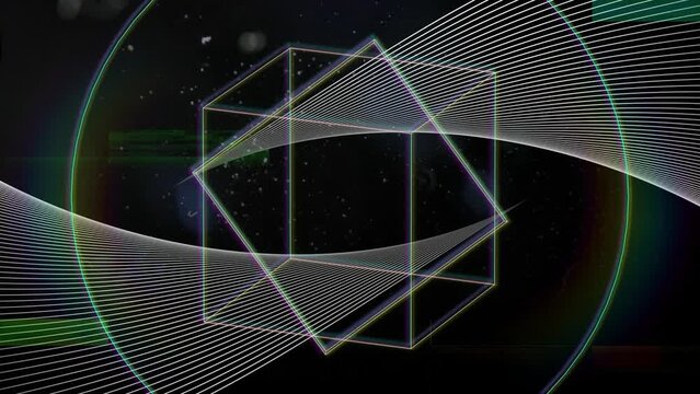 Animation of rotating 3d white line shapes, parallel lines and prismatic light on black background