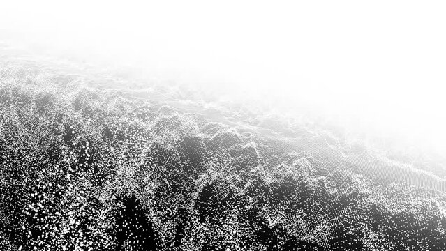 Animation of waves of white particles moving on black and white background