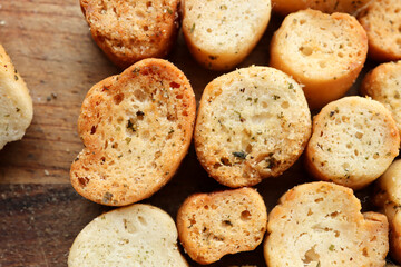 Closeup of croutons. Toasted bread 