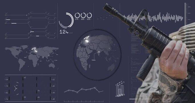 Animation of hand of soldier holding gun over globe and data processing on digital interface