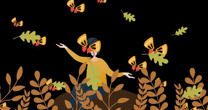 Animation of illustration of flying butterflies and leaves over woman sitting on brown globe