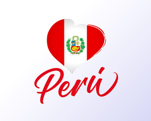 Peru, 28 of July Independence Day with flag in heart. Felices Fiestas Patrias, translation - Happy National Holiday Peru. Vector illustration - obrazy, fototapety, plakaty