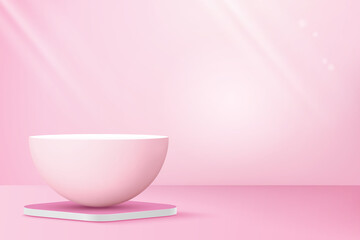 Sphere-shaped podium for product display on pastel pink background