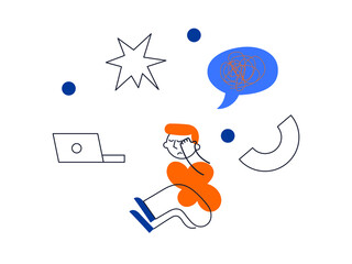 Sad man sits on the floor with tangled thoughts. The unhappy boy has confused thinking. The depressed male adolescent has memory problems. Concept of mental disorder or illness. Vector illustration