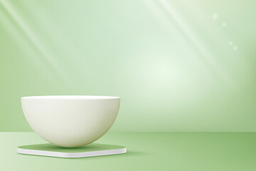 Sphere-shaped podium for product display on pastel green background