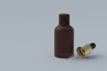 Skincare serum in dropper bottle on gray background. Copy space. 3d render