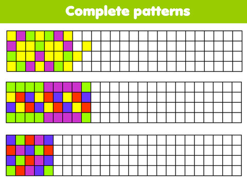 Complete geometric patterns. Educational game for children. Drawing activity for kids