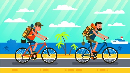 Two tourists with backpacks on bicycles rides along California beach. Hiker cyclist travels along the seashore. Vector illustration