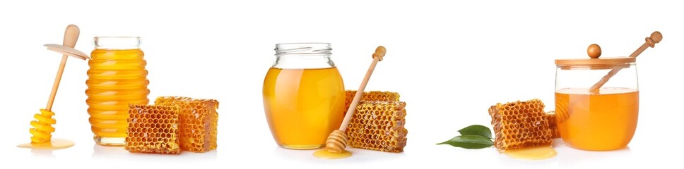 Set with fresh delicious honey on white background. Banner design