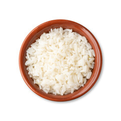 Cooked white rice in a bowl isolated over white background