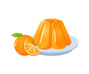 Orange jelly sweet dessert on plate with orange fruit cartoon vector illustration