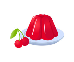 Red jelly sweet dessert on plate with cherry berry cartoon vector illustration