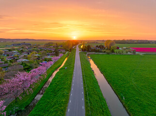 Sunset over the Westfriese Omringdijk, The Netherlands.