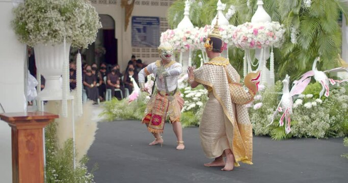Thai Khon Dance with Suphan Matcha and Hanuman. It is a famous traditional Thai dance in ancient literature of Thailand.
