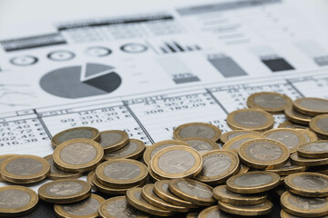 Euro currency, invoices and value tables.