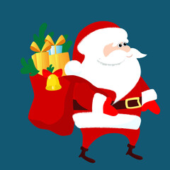 Santa Claus is walking and carrying a big bag of gifts. Side view. Winter funny and charming character design. Christmas illustration in cartoon flat style.