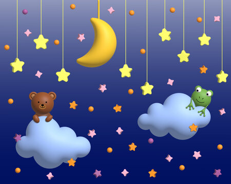 Cute bear and frog sitting on a cloud. Children's background with moon, stars, clouds. 3d render