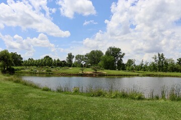 The lake in the park on a sunny day.