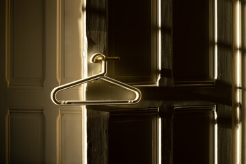 Clothes hanger hanging on a door handle in a beautiful light