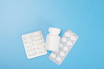 medicine shipping, pills in a package on a blue background