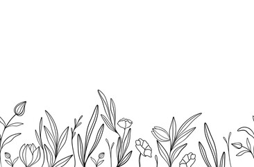 Horizontal seamless pattern with black and white flowers and grass. Vector illustration.