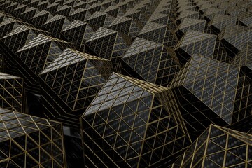 abstract background. black polyhedrons with a golden mesh of rhombuses on them. polygon field. 3d render. 3d illustration