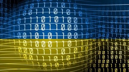 Ukraine blue and yellow bicolor flag matrix background generated on computer. Ukrainian IT or hacker concept