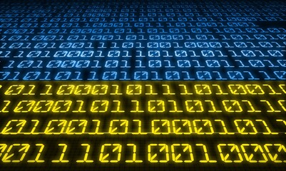 Ukraine blue and yellow bicolor flag matrix background generated on computer. Ukrainian IT or hacker concept