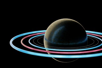 astronomy. planet with rings in space. a dark ball with multi-colored neon-lit rings around it on a black background. 3d render. 3d illustration