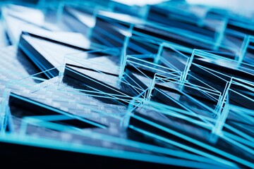 abstract background. large black triangles lying on top of each other illuminated with blue neon light. 3d render. 3d illustration