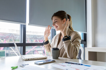 Woman making online call using Tablet or Computer notebook. businesswoman work at home and virtual video conference meeting with colleagues business people