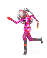 vintage astronaut girl is running with laser gun in her hand