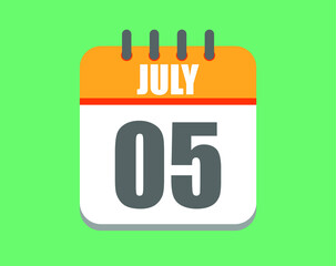 July day 5. Calendar icon for july. Vector illustration in orange and white on green background.