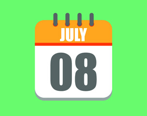 July day 8. Calendar icon for july. Vector illustration in orange and white on green background.