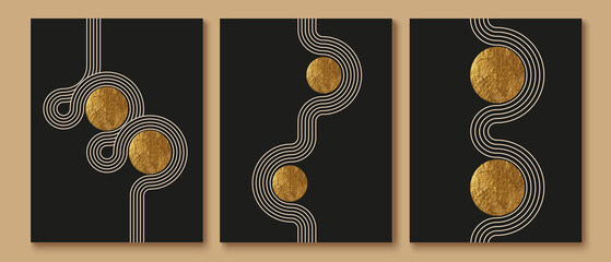 Abstract minimalist wall art composition in beige, grey, white, black colors. Simple line style. Golden geometric shapes, lines, circles. Modern creative hand drawn background.